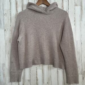 Theory Cropped Hoodie Pullover Sweater Large Tan 100 Cashmere Boxy Luxury EUC